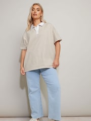 Yours Curve Natural Rugby Contrast Collar Boxy 100% Cotton Polo shirt - Image 2 of 4