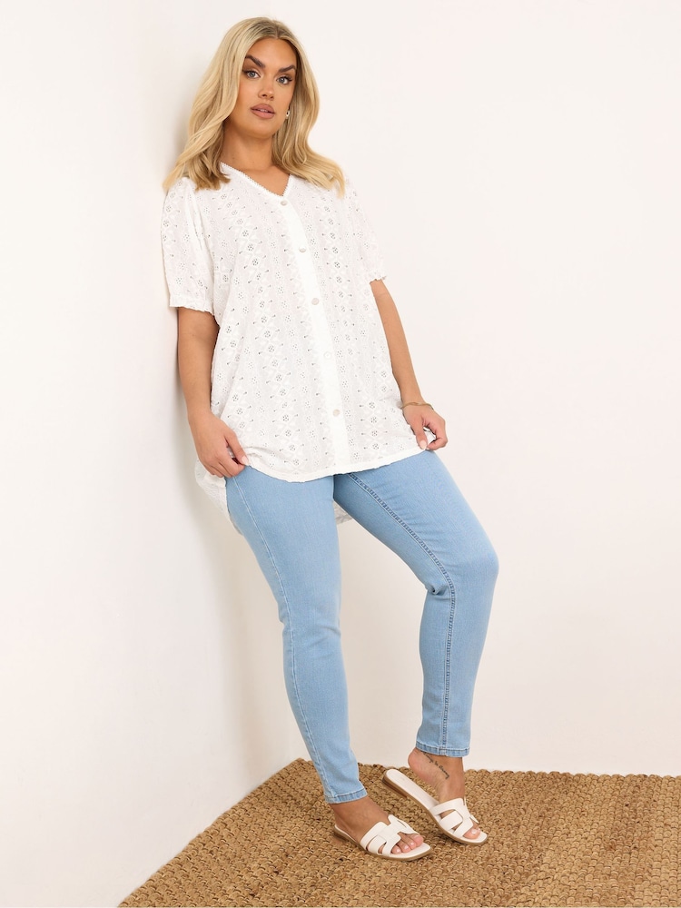 Yours Curve White Puff Sleeve Anglaise Blouse - Image 1 of 5