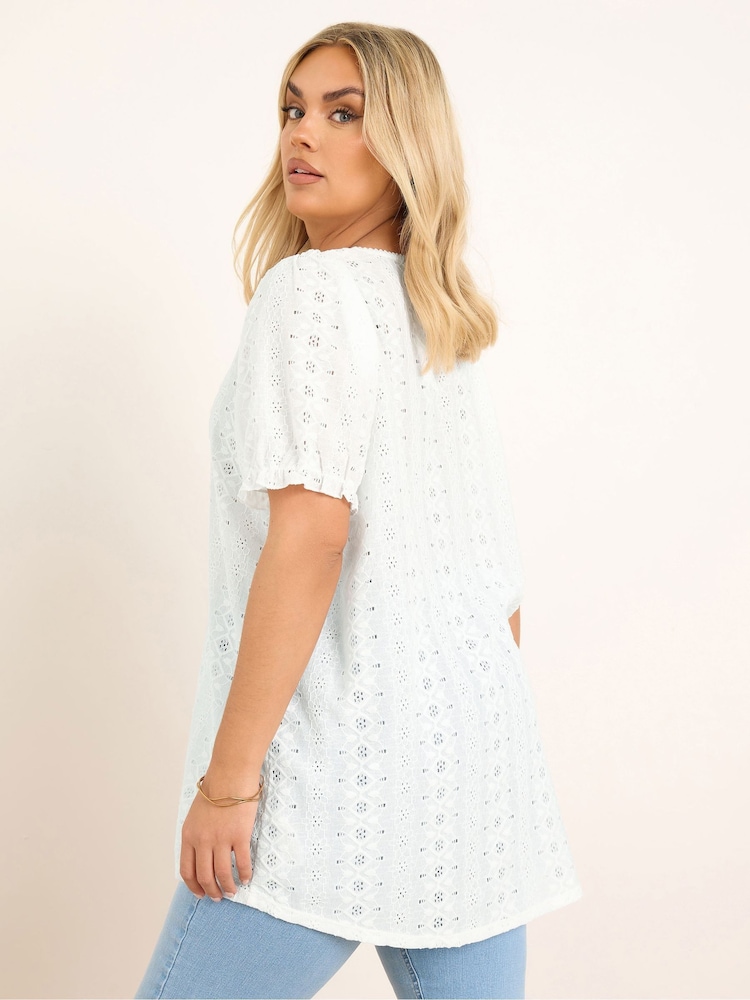 Yours Curve White Puff Sleeve Anglaise Blouse - Image 3 of 5