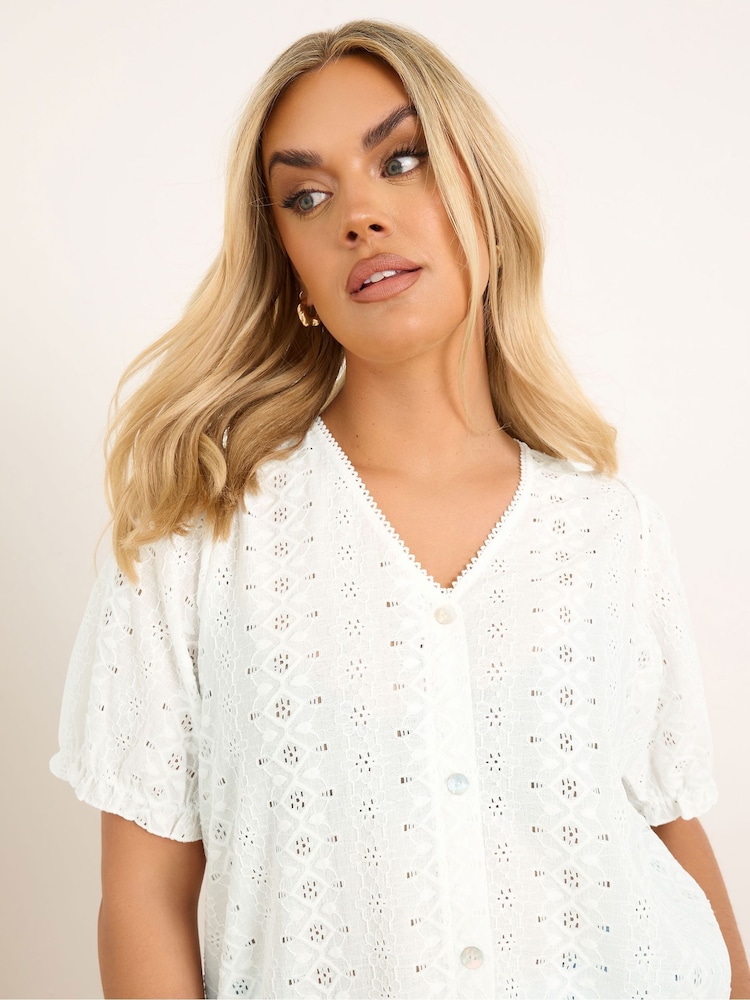 Yours Curve White Puff Sleeve Anglaise Blouse - Image 4 of 5