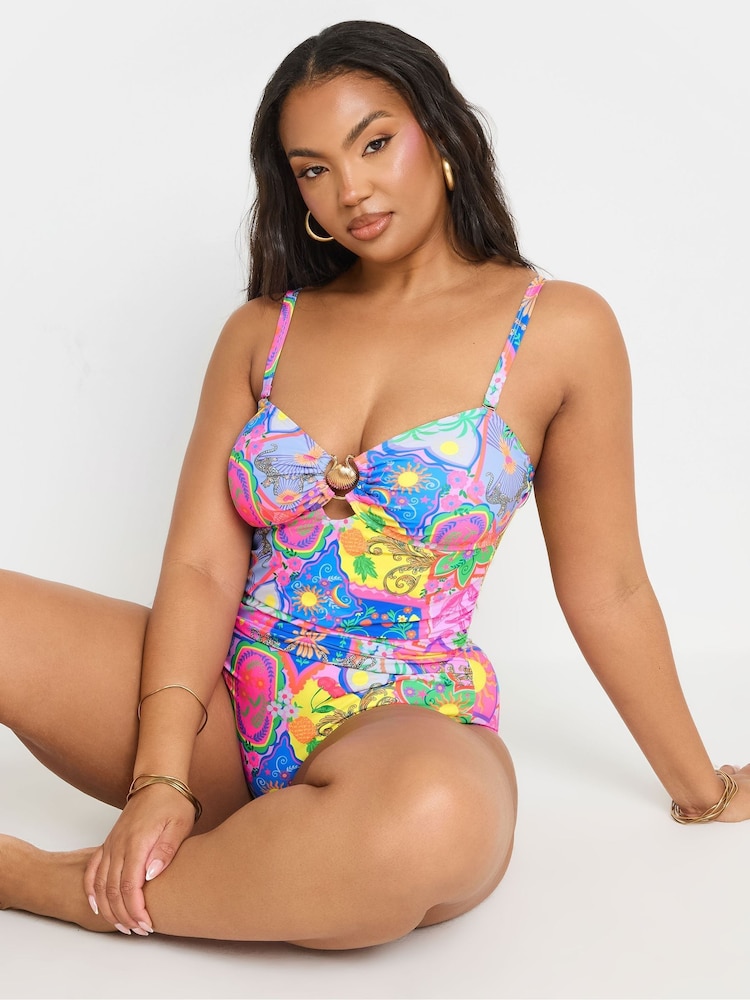 Yours Curve Pink Shell Bandeau Swimsuit - Image 1 of 7