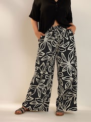 Yours Curve Black Pull On Woven Wide Leg Trousers - Image 1 of 5