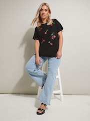 Yours Curve Black Sequin 100% Cotton T-Shirt - Image 1 of 5