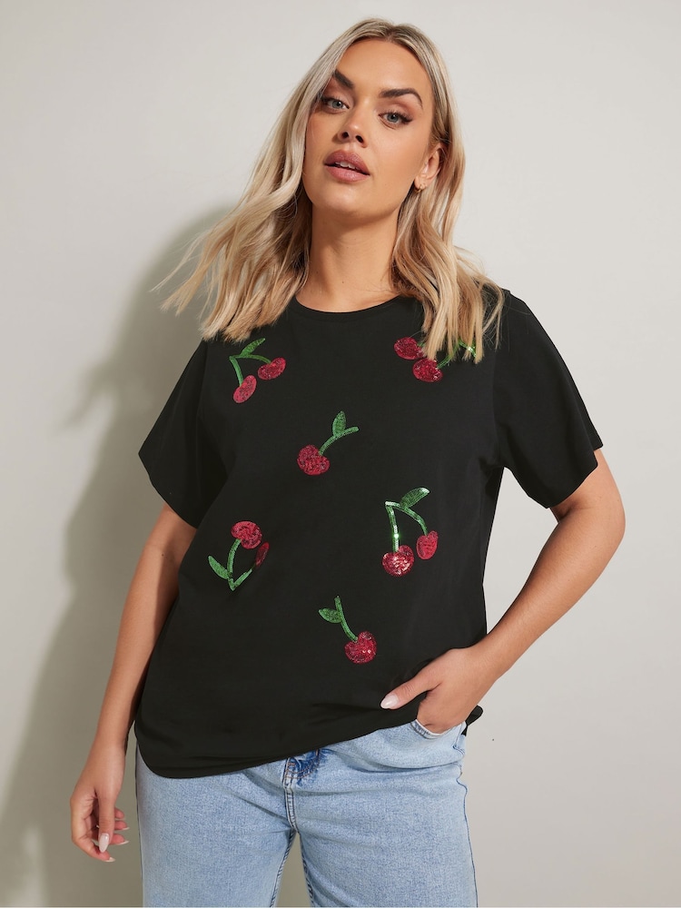 Yours Curve Black Sequin 100% Cotton T-Shirt - Image 2 of 5