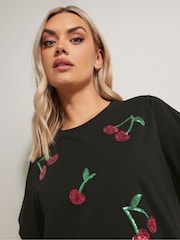 Yours Curve Black Sequin 100% Cotton T-Shirt - Image 4 of 5