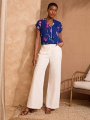 Love & Roses Cobalt Blue Flutter Sleeve Printed V-Neck Blouse - Image 3 of 4