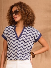 Love & Roses Navy and White Petal Wave Print V-Neck Jersey T-Shirt - Image 1 of 4