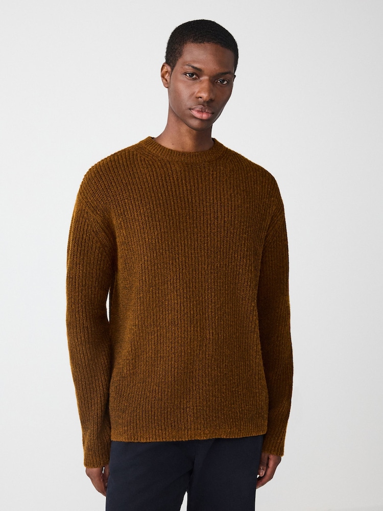 Ochre Yellow Relaxed Fit Rib Crew Neck Jumper with Wool - Image 1 of 8 Ochre Yellow Relaxed Fit Rib Crew Neck Jumper with Wool - Image 1 of 8