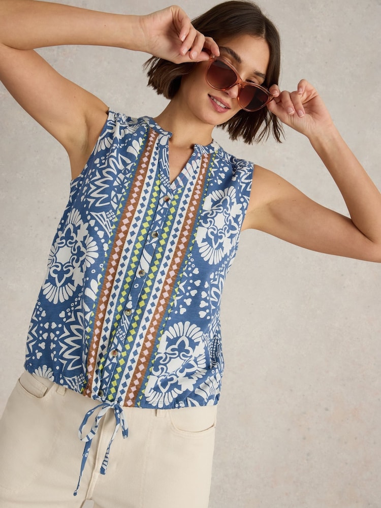 White Stuff Blue Cotton Tulip Sleeveless Shirt - Image 3 of 6