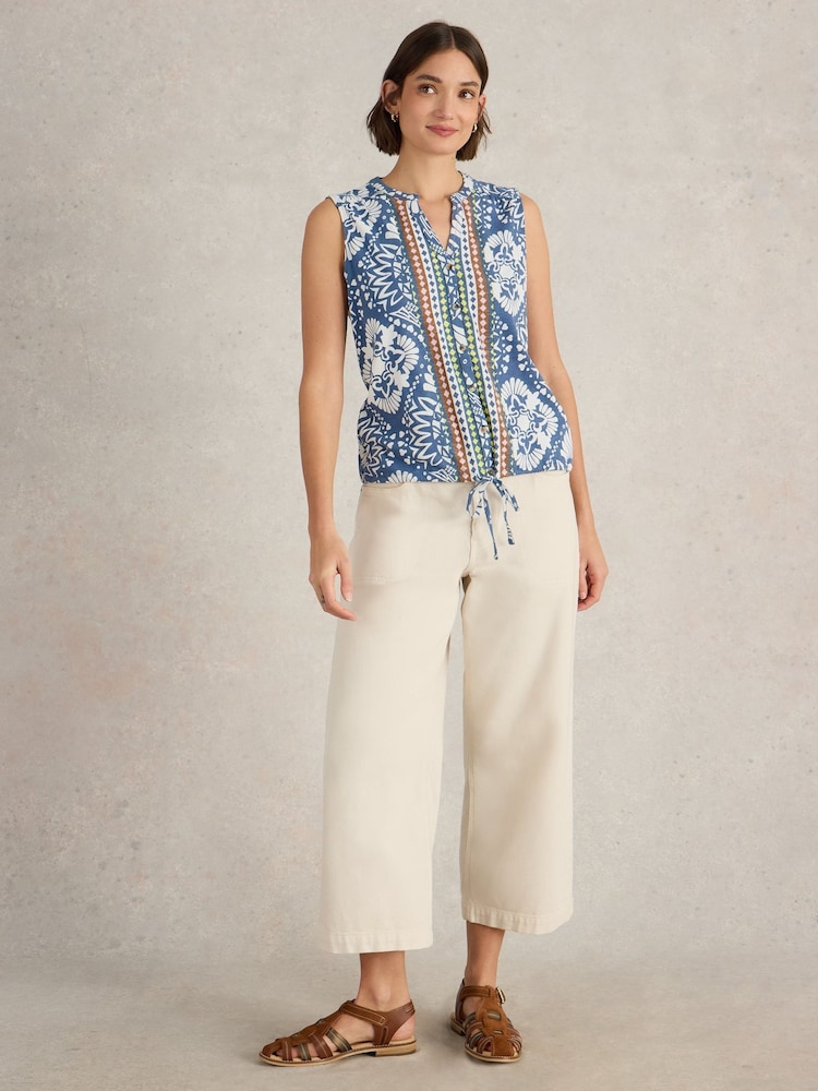 White Stuff Blue Cotton Tulip Sleeveless Shirt - Image 4 of 6