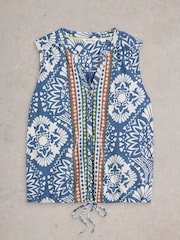 White Stuff Blue 100% Organic Cotton Tulip Sleeveless Shirt - Image 5 of 6