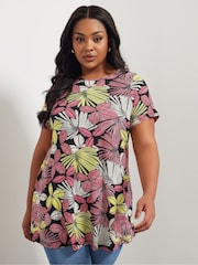 Yours Curve Black Soft Touch Tropical Print T-Shirt - Image 1 of 5