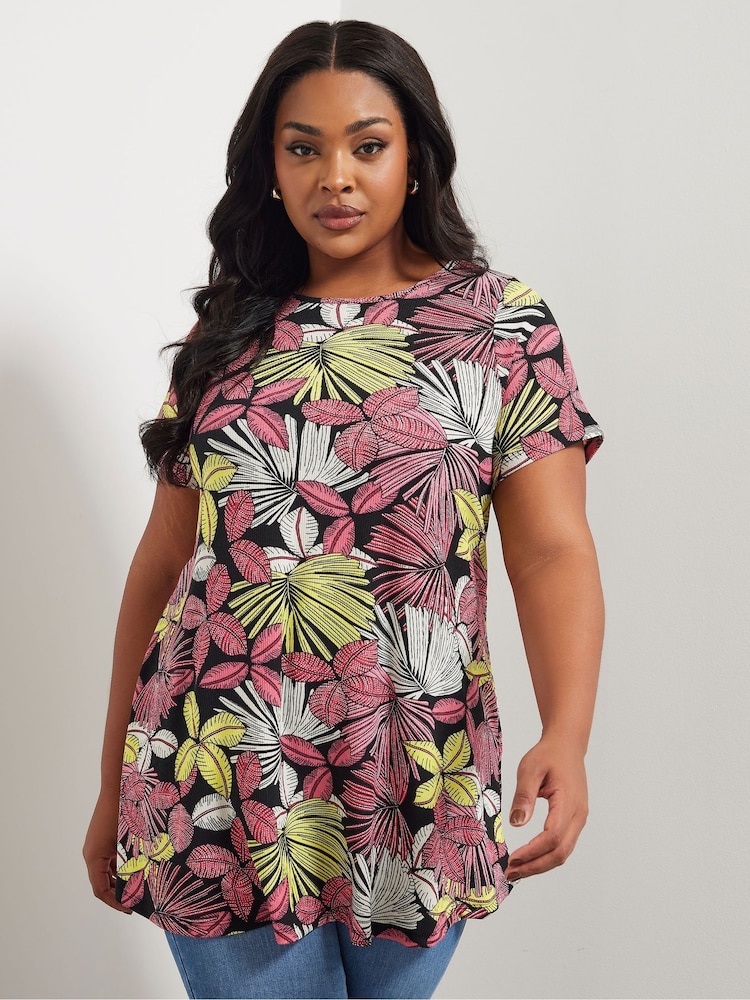 Yours Curve Black Soft Touch Tropical Print T-Shirt - Image 1 of 5