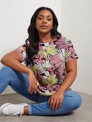 Yours Curve Black Soft Touch Tropical Print T-Shirt - Image 4 of 5
