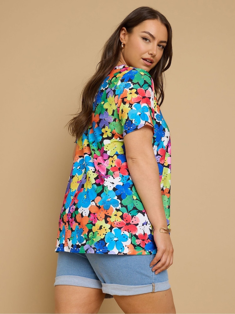 Yours Curve Black Short Sleeve Broderie T-Shirt - Image 3 of 5