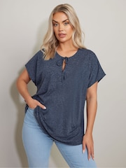 Yours Curve Blue Tie Neck Grown On Sleeve T-Shirt - Image 1 of 5