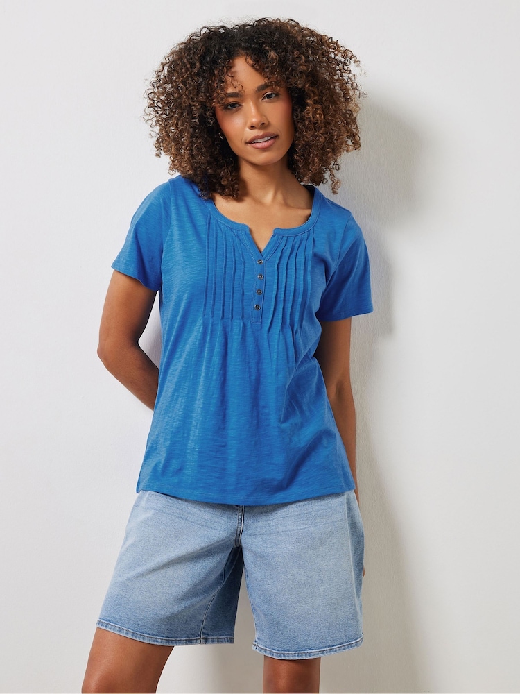 M&Co Blue Short Sleeve 100% Cotton Henley Top - Image 1 of 5