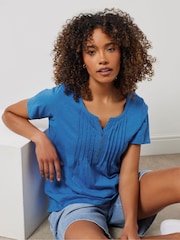M&Co Blue Short Sleeve 100% Cotton Henley Top - Image 4 of 5