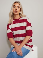 Yours Curve Red Striped Ribbed 100% Cotton T-Shirt - Image 1 of 5