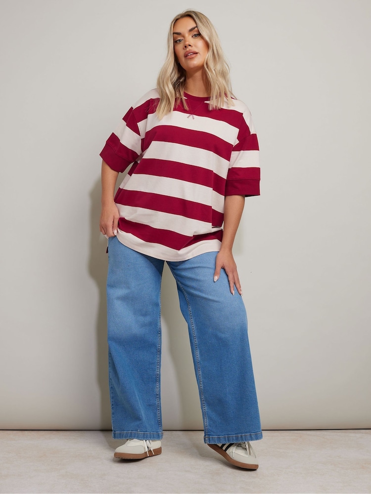 Yours Curve Red Striped Ribbed 100% Cotton T-Shirt - Image 2 of 5