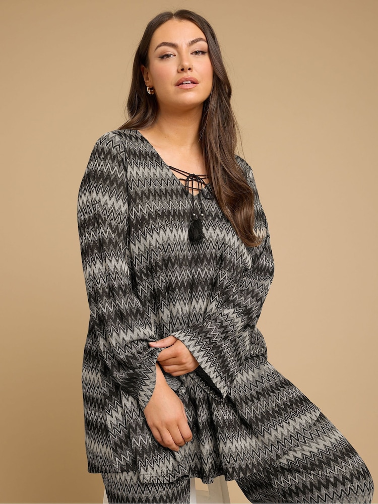 Yours Curve Black Tie Neck Tunic - Image 1 of 5