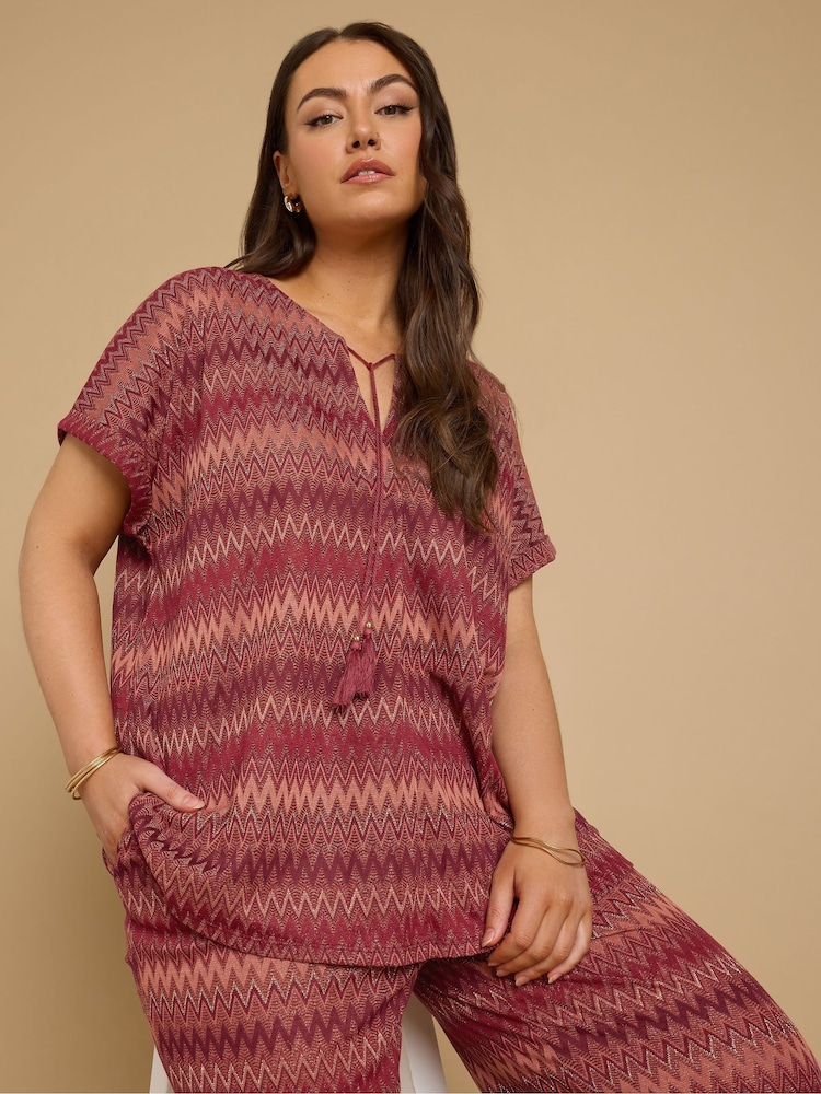 Yours Curve Orange Tie Neck Pleat Blouse - Image 1 of 5