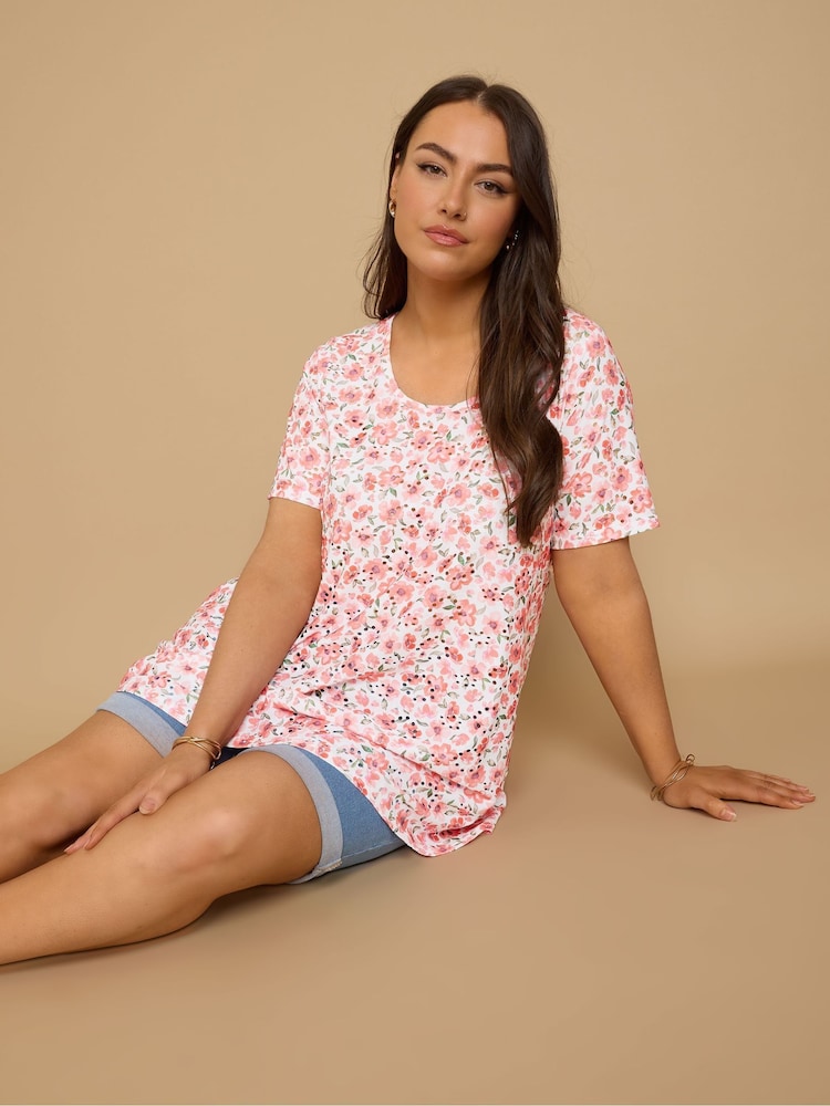 Yours Curve Pink Short Sleeve Broderie T-Shirt - Image 1 of 5