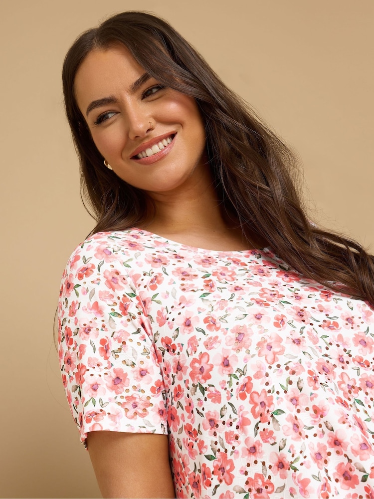 Yours Curve Pink Short Sleeve Broderie T-Shirt - Image 4 of 5
