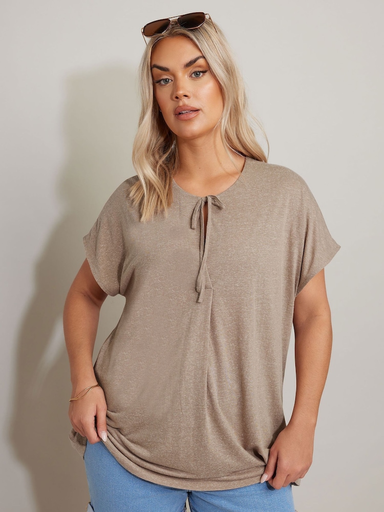 Yours Curve Natural Tie Neck Grown On Sleeve T-Shirt - Image 1 of 5