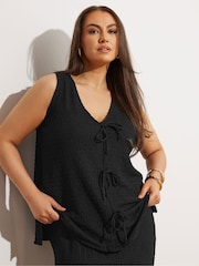 Yours Curve Black Textured Bow Front Waistcoat - Image 1 of 5