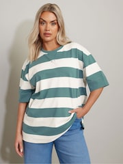 Yours Curve Green Striped Ribbed 100% Cotton T-Shirt - Image 1 of 5