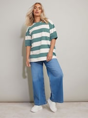 Yours Curve Green Striped Ribbed 100% Cotton T-Shirt - Image 2 of 5