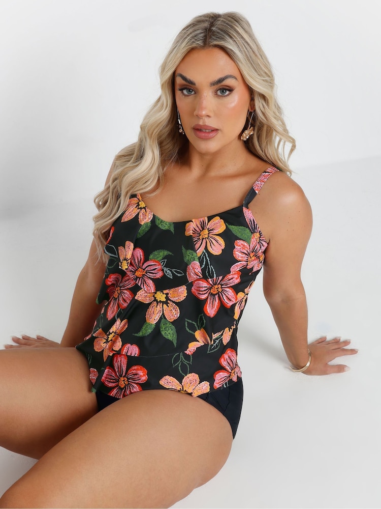 Yours Curve Black Triple Frill Tankini - Image 1 of 7