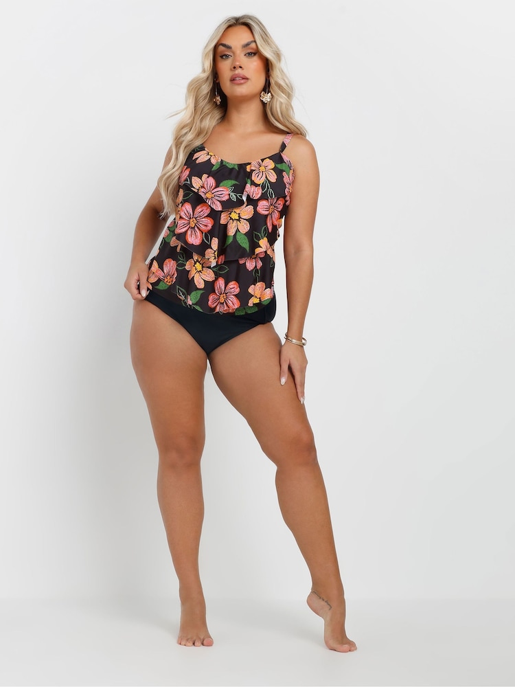 Yours Curve Black Triple Frill Tankini - Image 2 of 7