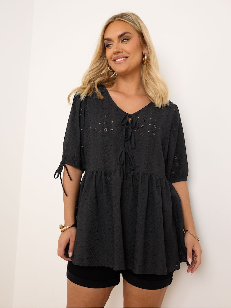 Negro - Yours Curve Tie Front Broderiet Peplum Blouse - Imagen 1 de 5 Negro - Yours Curve Tie Front Broderiet Peplum Blouse - Imagen 1 de 5