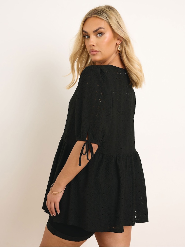 Yours Curve Black Tie Front Broderiet Peplum Blouse - Image 3 of 5