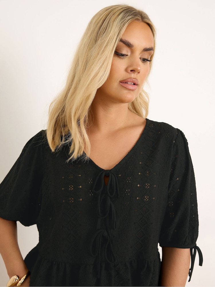 Yours Curve Black Tie Front Broderiet Peplum Blouse - Image 4 of 5