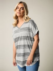 Yours Curve Grey Textured Striped T-Shirt - Image 2 of 6