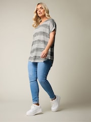 Yours Curve Grey Textured Striped T-Shirt - Image 3 of 6
