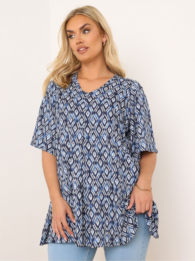 Yours Curve Blue Textured Pleat Front T-Shirt - Image 1 of 5