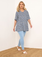 Yours Curve Blue Textured Pleat Front T-Shirt - Image 3 of 5