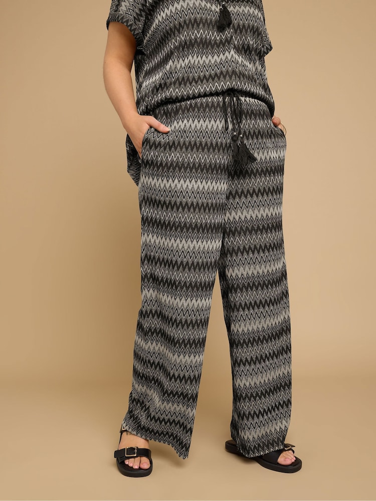 Yours Curve Black Zig Zag Wide Leg Trousers - Image 1 of 5