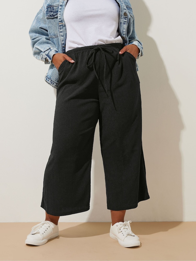 Yours Curve Black Treebark Tie Waist Culottes - Image 1 of 5