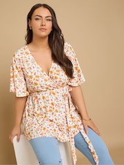 Yours Curve Orange Wrap Angel Sleeve Blouse - Image 1 of 5