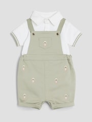 River Island Beige Boys Bear Dungaree Shorts Set - Image 1 of 10