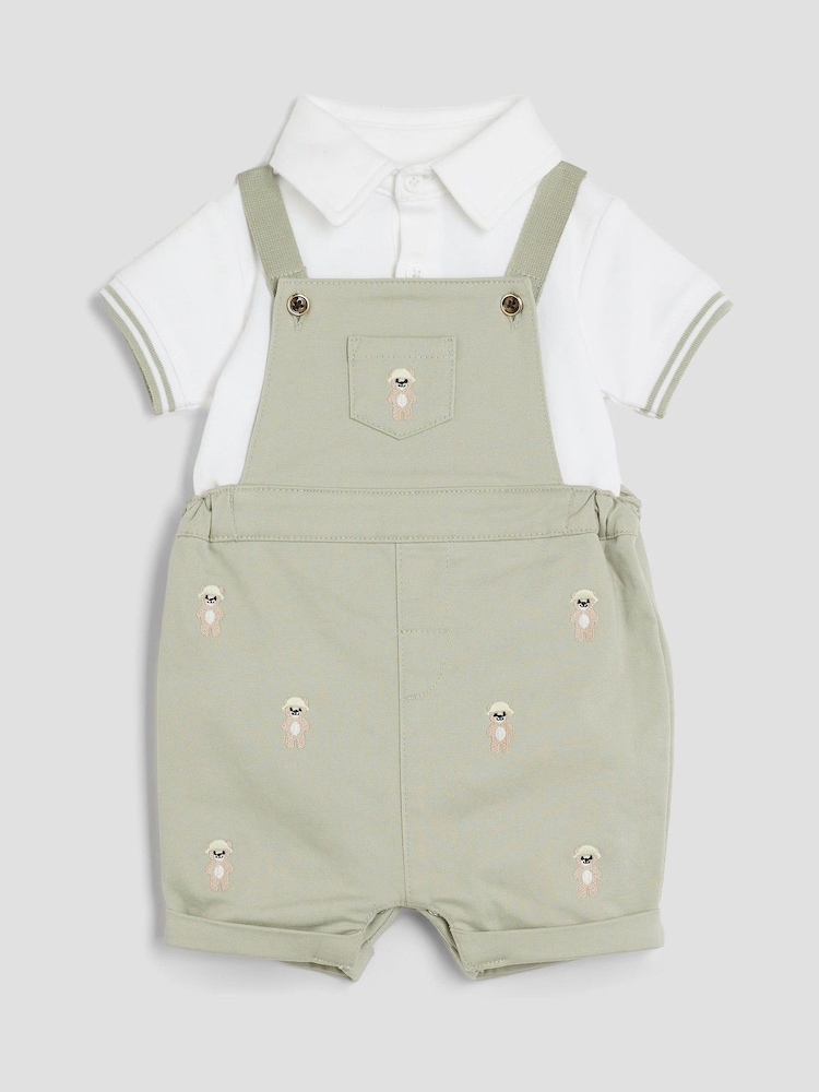 River Island Beige Boys Bear Dungaree Shorts Set - Image 1 of 10