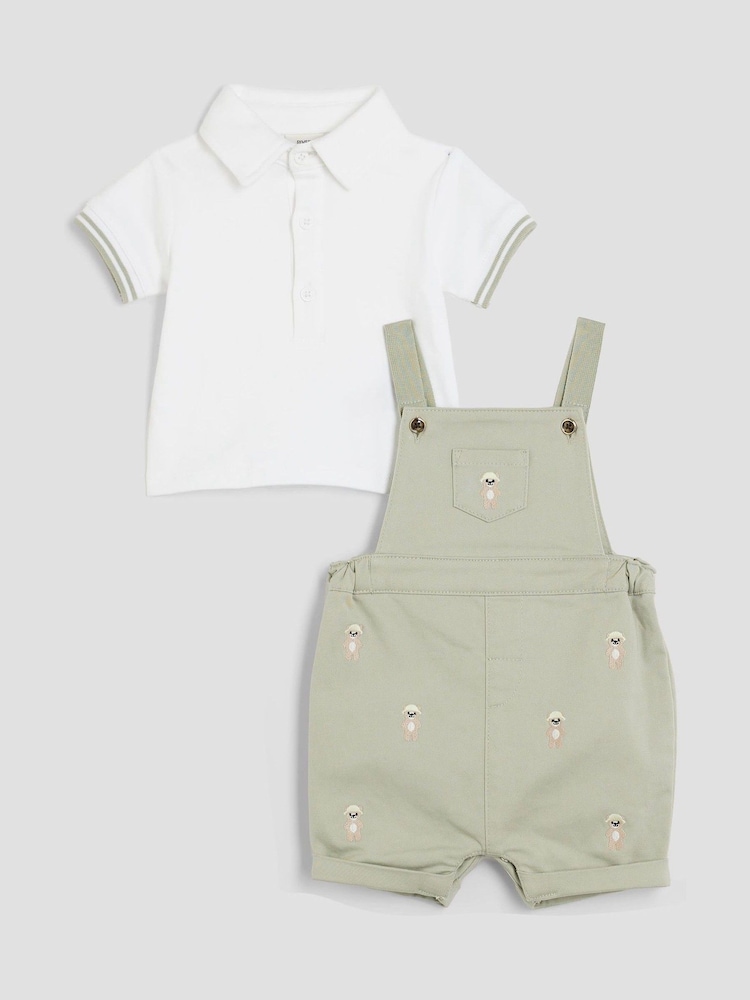 River Island Beige Boys Bear Dungaree Shorts Set - Image 10 of 10