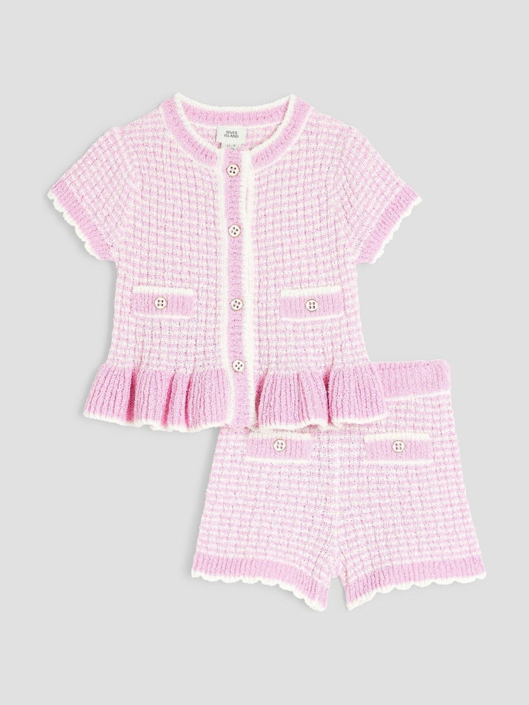 River Island Pink Baby Girls  Boucle Peplum Knit Top And Short Set - Image 1 of 5