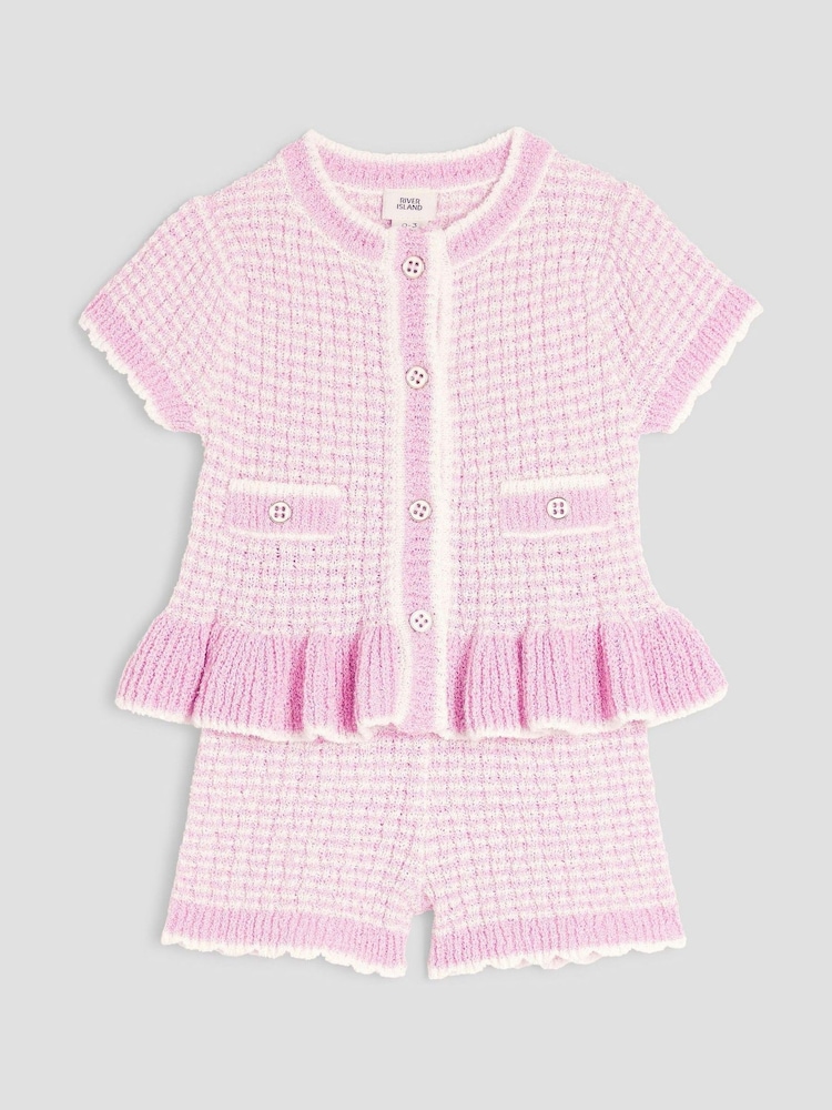 River Island Pink Baby Girls  Boucle Peplum Knit Top And Short Set - Image 2 of 5