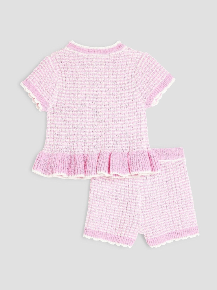 River Island Pink Baby Girls  Boucle Peplum Knit Top And Short Set - Image 3 of 5
